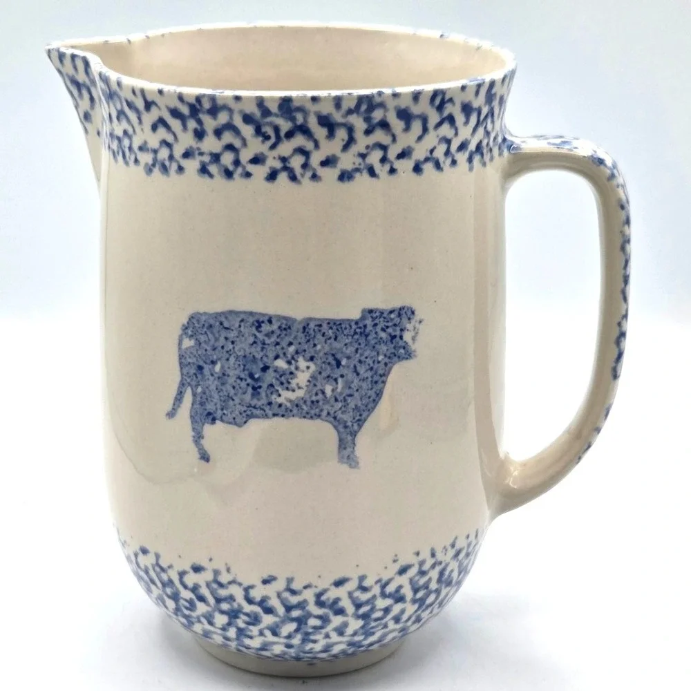 Blue Spongeware Ceramic Pitcher Cow Heart Design‎ Folk Craft Farmhouse Decor